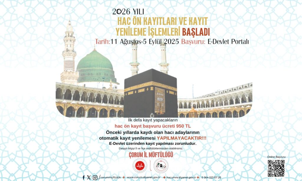 Diyanet İşleri Başkanlığı, 2026 yılı hac ön kayıt ve kayıt yenileme işlemlerinin başladığını duyurdu. Başvurular 11 Ağustos – 5 Eylül 2025 tarihleri arasında alınacak.